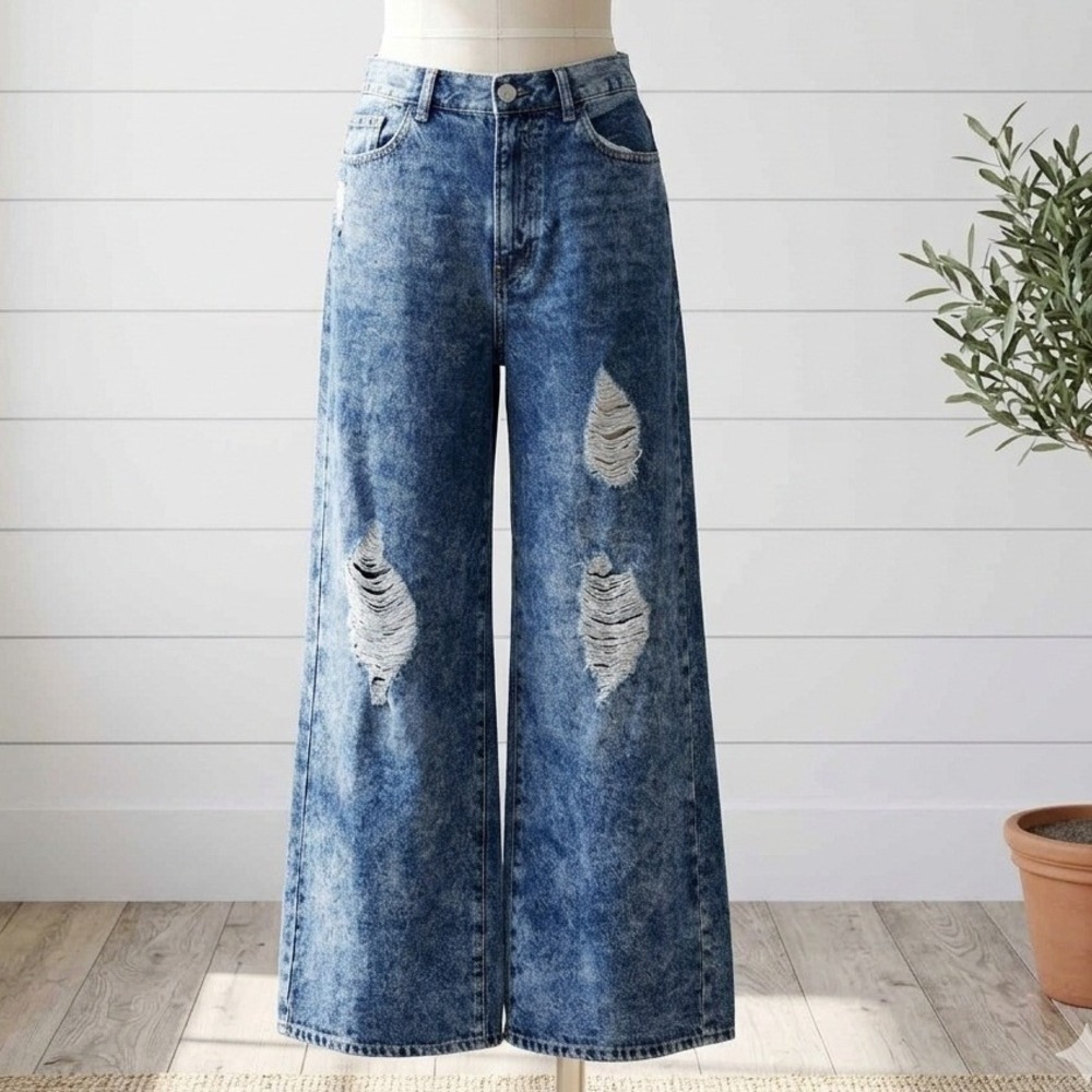 Brisk Wide Leg Jeans Blue‎ Acid Wash Distressed Ripped Denim Grunge Skater 33/11